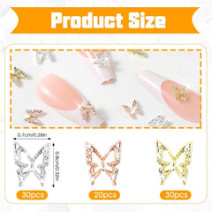 80 de bucăți de pandantive pentru unghii fluture 3D, din aliaj, formă de fluture, auriu, argintiu, strălucitoare, decorațiuni pentru unghii, accesorii pentru bijuterii pentru unghii, manichiură DIY pentru femei