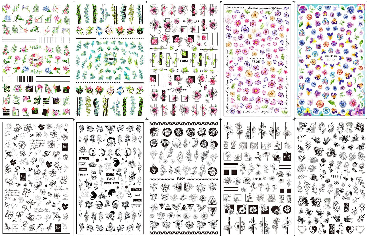 JMEOWIO Nagelsticker Frühling Blumen 10 Blätter Nagelaufkleber Selbstklebend Nail Art Dekoration Nageldesign Zubehör Für Frauen Mädchen