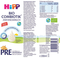 HiPP PRE Bio-Combiotic-Formel, trinkfertig (6 x 200 ml). Säuglingsmilch von Geburt an enthält nur Laktose als Kohlenhydrate, beste Bio-Qualität