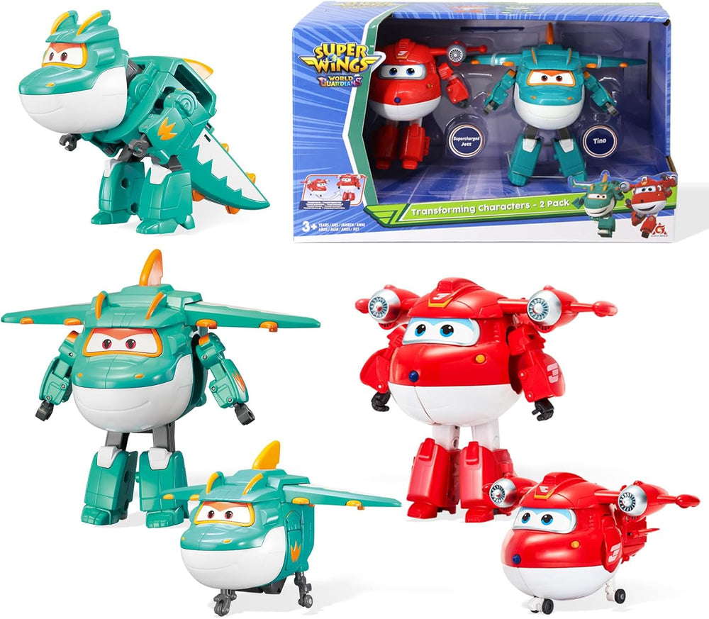 Super Wings 5" Transforming Characters 2er-Pack Transforming Supercharged Jett + Tino Transformer Spielzeug für Jungen und Mädchen ab 3 Jahren Rote Actionfiguren Naty Shop Jett Tino