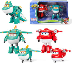 Super Wings 5" Transforming Characters 2er-Pack Transforming Supercharged Jett + Tino Transformer Spielzeug für Jungen und Mädchen ab 3 Jahren Rote Actionfiguren Naty Shop Jett Tino