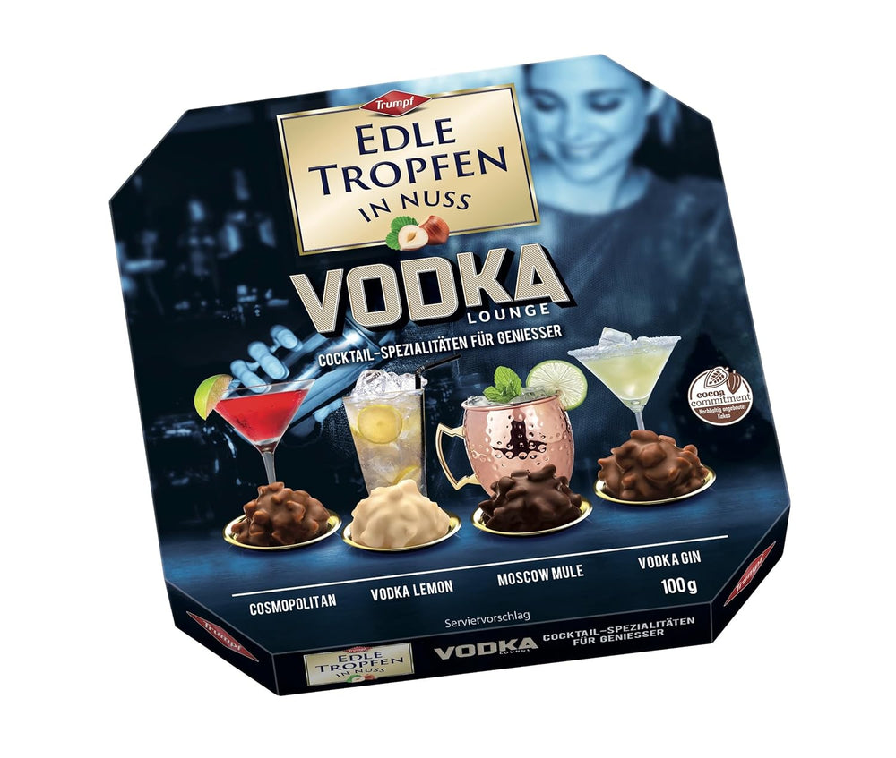 Edle Tropfen in Nuss Vodka Lounge 100g, flüssig gefüllte Schokoladenpralinen mit Milchschokoladenglasur und knackigen Haselnussstückchen