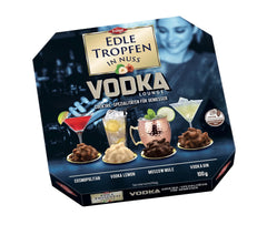 Edle Tropfen in Nuss Vodka Lounge 100g, flüssig gefüllte Schokoladenpralinen mit Milchschokoladenglasur und knackigen Haselnussstückchen