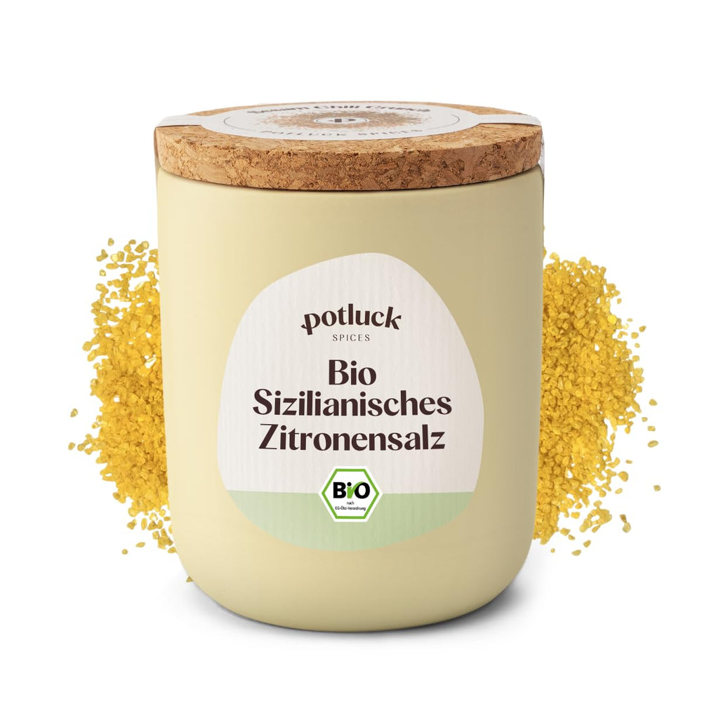 Potluck | Bio Sizilianisches Zitronensalz | Gewürzsalz für Fisch, Meeresfrüchte, Gemüse, Salat und Dressings | 140g im Keramiktopf
