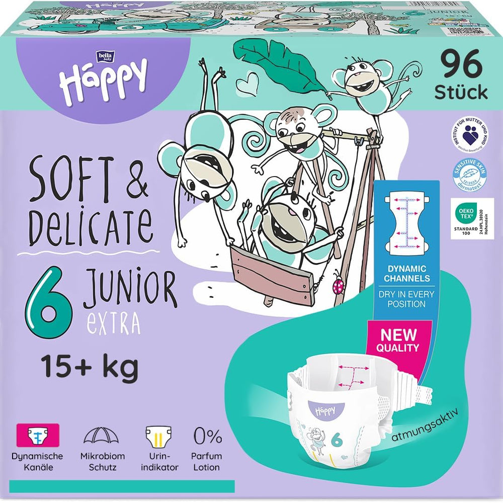 Bella Baby Happy Premium Windeln, Größe 6, Junior Extra, 15+ kg, 96 Stück, DERMATEST und OEKO-TEX Siegel, Einweg-Babywindeln