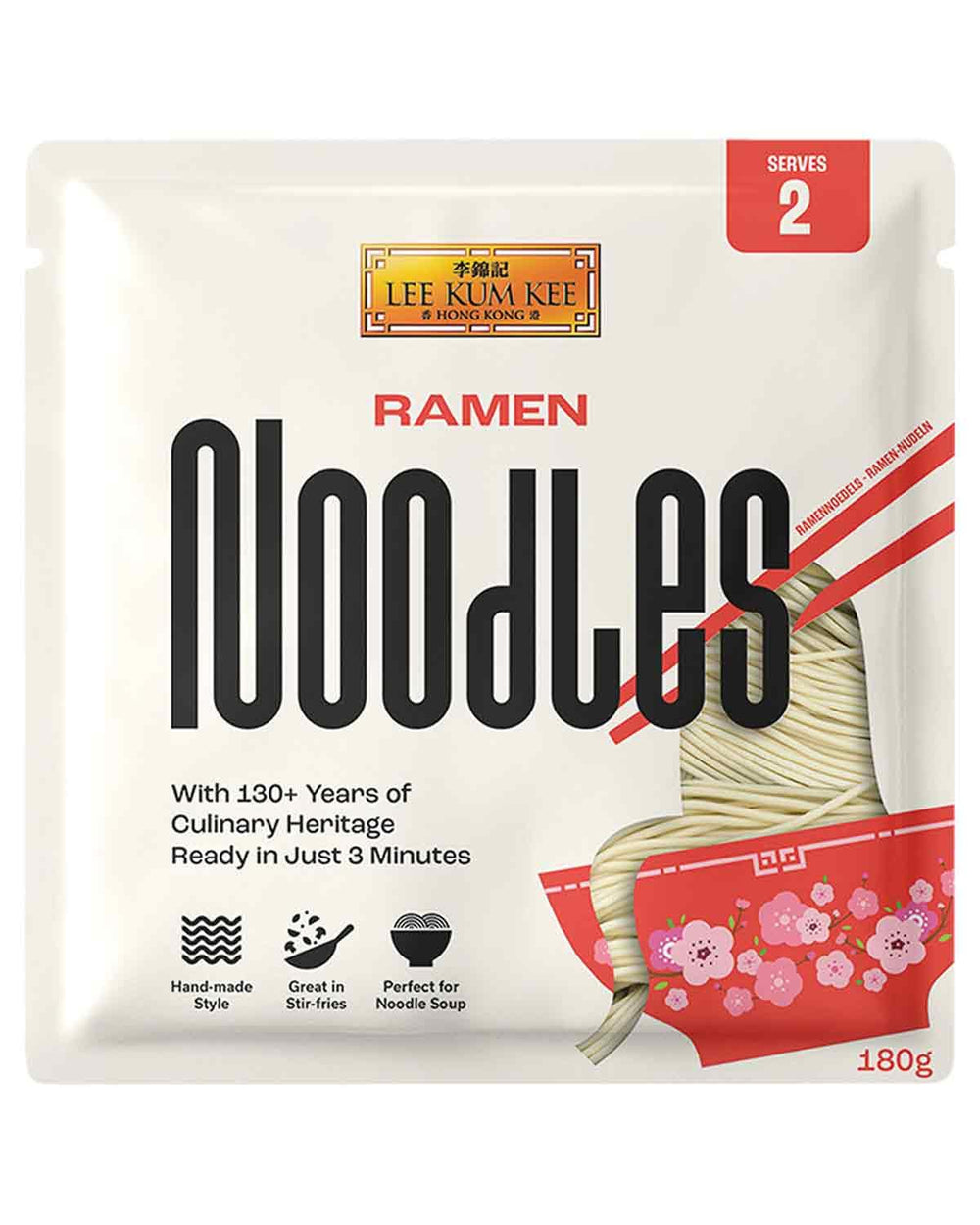 LEE KUM KEE Ramen-Nudeln – Asiatische Ramen mit zarter und feiner Textur, der Klassiker für Ramen-Suppen und Wok-Gerichte, halbtrockene Nudeln, zwei Portionen pro Packung, 6 x 180 g Multipack
