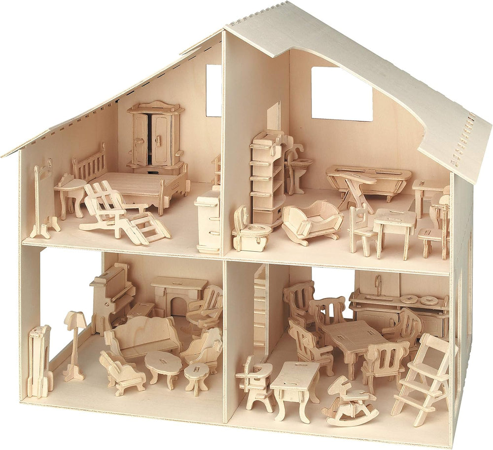 Pebaro Donau Elektronik _M880 Casă de păpuși puzzle 3D cu mobilier, 30 x 30 x 30 cm, natural