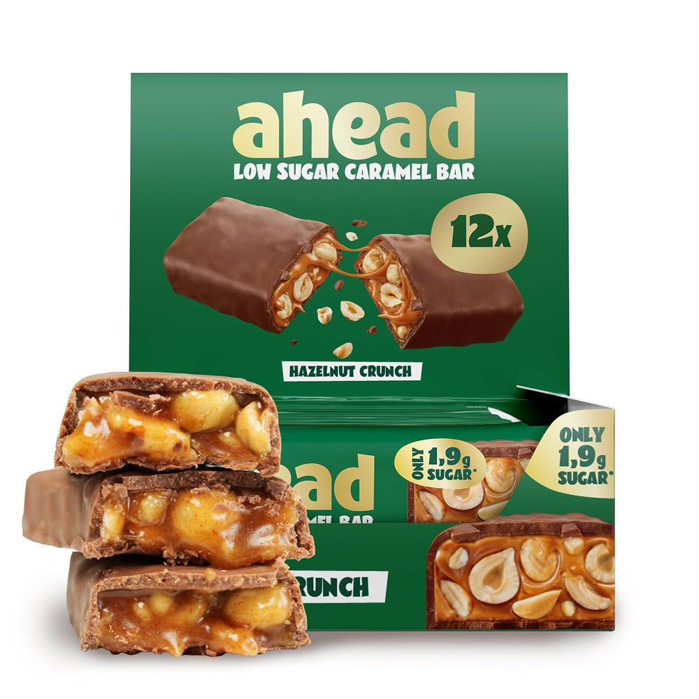 Batoane de ciocolată cu caramel și alune de pădure ahead | 12 batoane de ciocolată x 35 g fără zahăr adăugat | 1,9 g zahăr per baton | Aromă crocantă de alune de pădure și caramel | Dulciuri cu conținut scăzut de carbohidrați | Fără ulei de palmier