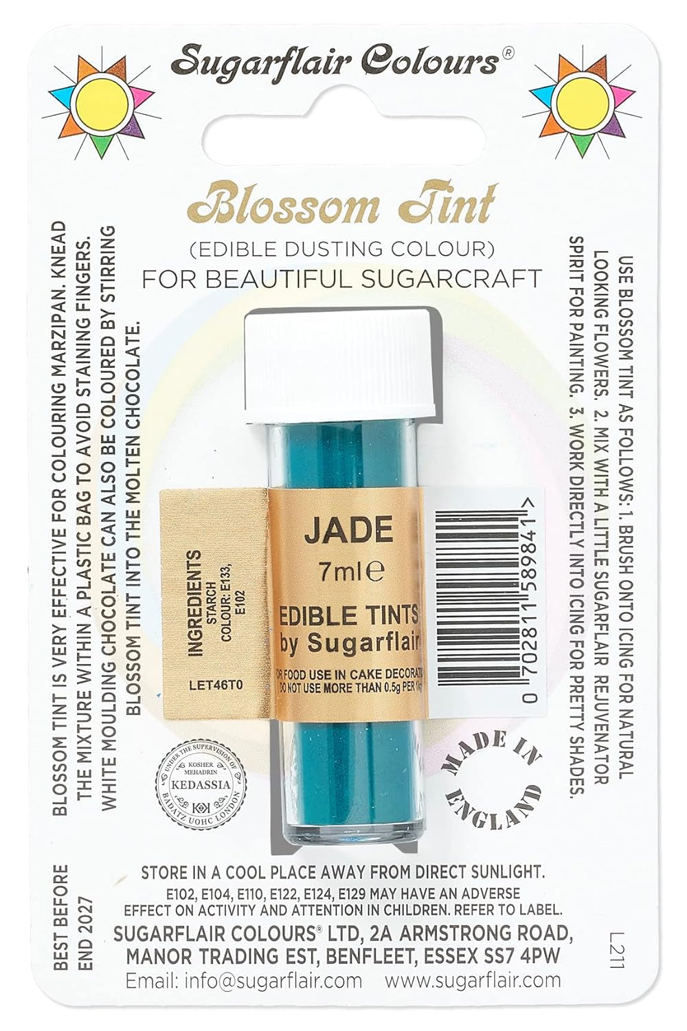 Colorant alimentar pudră Sugarflair Blossom Tint Dusting Jade - Pudră de colorant alimentar pentru decorarea pastei de zahăr colorate, fondantului, glazurii, ciocolatei, cremei de unt, macaroanelor - 7ml
