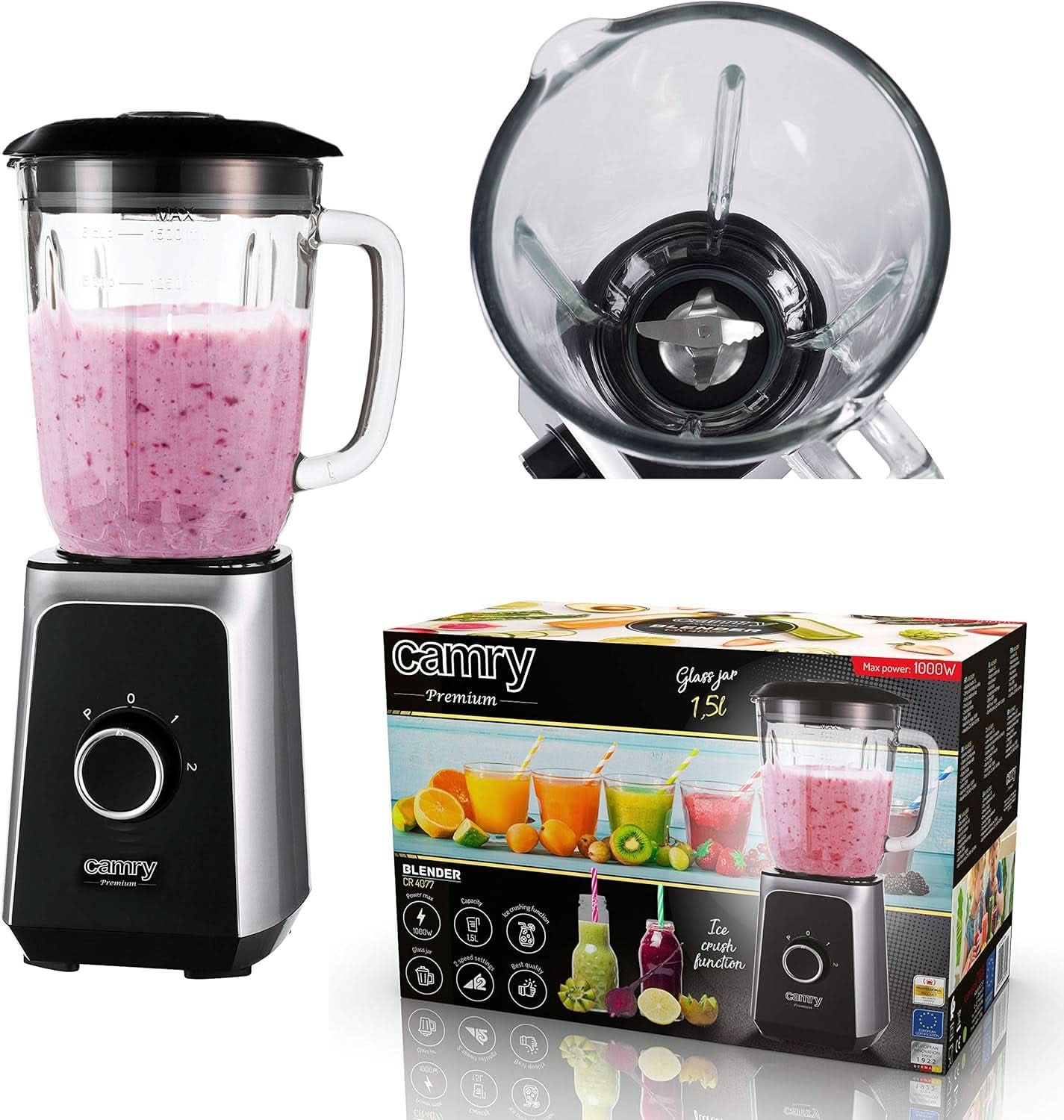 CR 4077 Standmixer Mit 1,5L Glasbehälter, Smoothie Maker, Hochleistungsmixer, Mahlung, Eis-Zerkleinerung, Pulsfunktion, Edelstahlklingen, 2 Geschwindigkeiten, 1000W, Schwarz/Silber Bucatarie Naty Shop