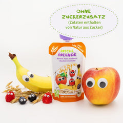 FRECHE FREUNDE Pliculeț cu fructe organice Banană, Măr, Zmeură, Afine cu ovăz, Piure de fructe cu cereale într-un pliculeț compresibil pentru bebeluși de la 6 luni, Vegan, Pachet de 6 (6 x 100g)