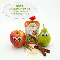 FRECHE FREUNDE Bio-Fruchtbeutel zum Quetschen, Apfel, Zimt, Birne, Reis, Dinkel, Fruchtpüree mit Müsli, für Babys ab 6 Monaten, vegan, 6er-Pack (6 x 100 g)