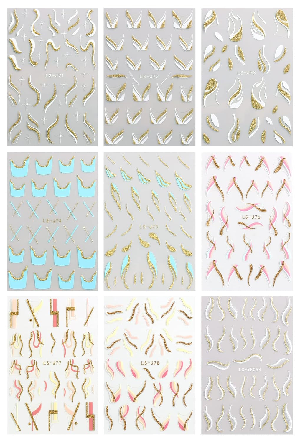 JMEOWIO Nagelsticker Französischer Tipp 9 Blatt Nail Art Sticker Selbstklebend Nagelaufkleber Glitzer Wellenlinie Dekoration Nageldesign Zubehör