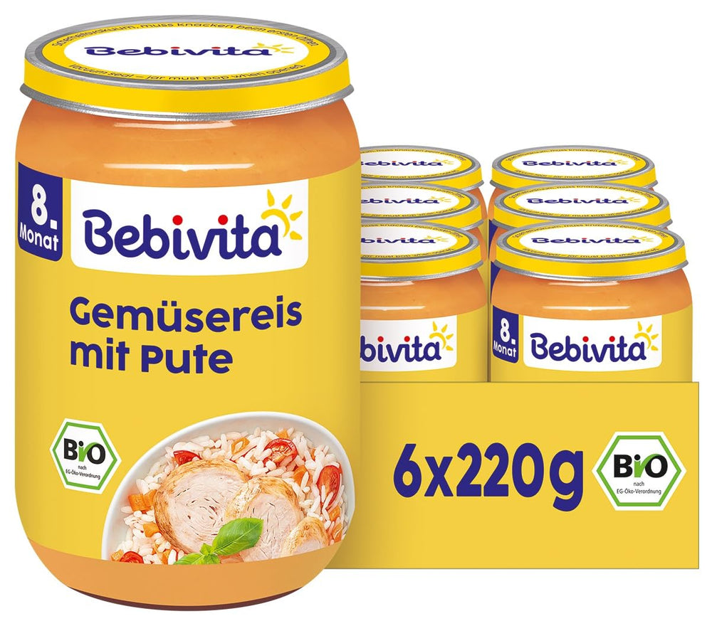 Mese de la 8 luni: Orez cu legume și curcan fraged, 220g, pachet de 6 (6x220g)