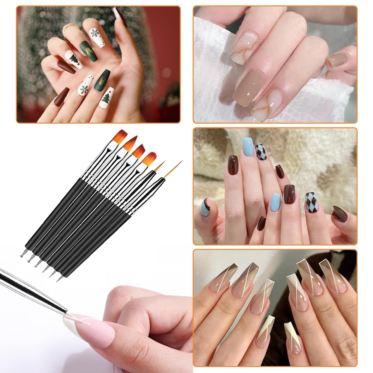 6 Stück Doppel-Ende Nagel Pinsel, Nageldesign Pinsel, Doppel-Ende Nail Art Pinsel Kit Professionelle Maniküre Werkzeuge Kit(Schwarz)