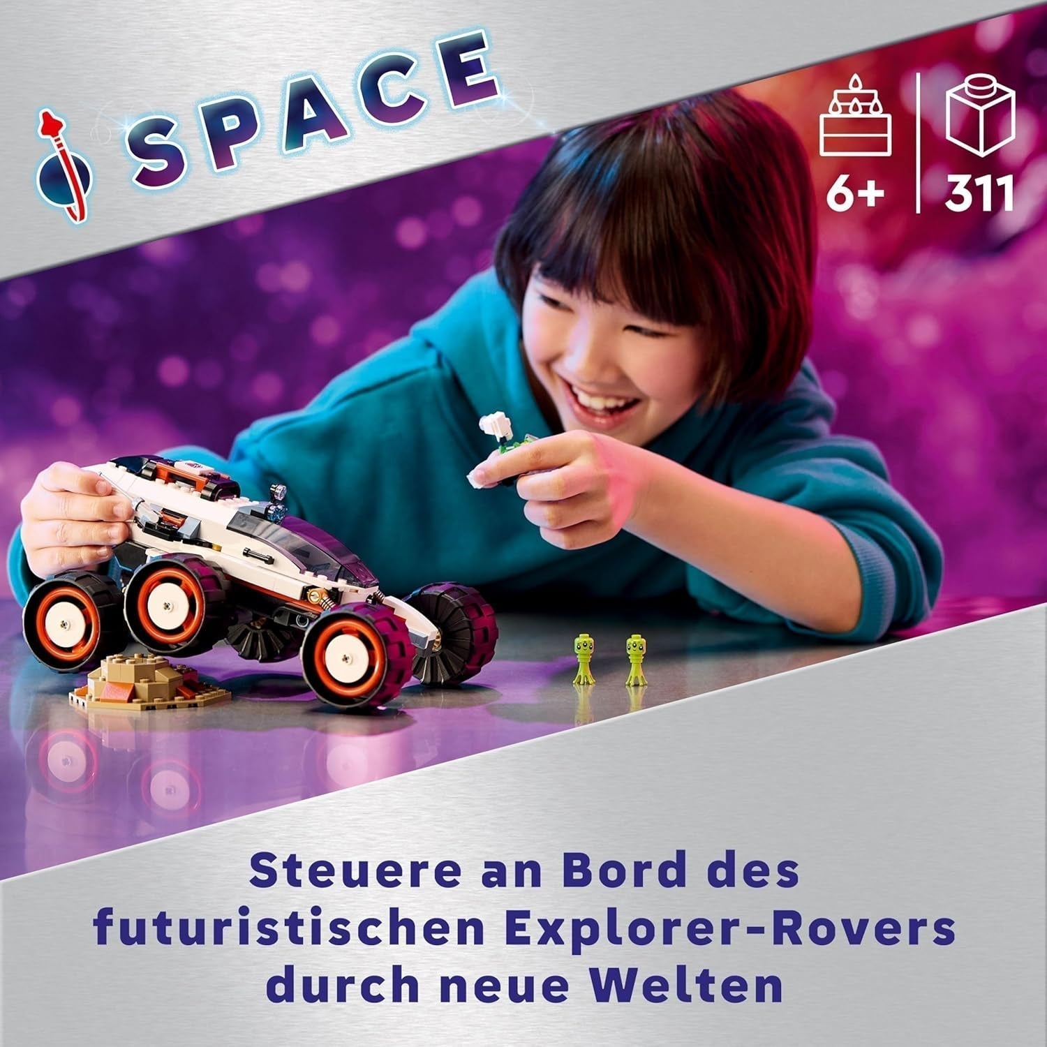 LEGO City Space Rover cu extratereștri, set de mașină cu figurine robot și extratereștri, cadou de ziua de naștere pentru băieți și fete de la 6 ani, cu 2 minifigurine și un set de planete 60431 Seturi de constructie Besuche den LEGO-Store