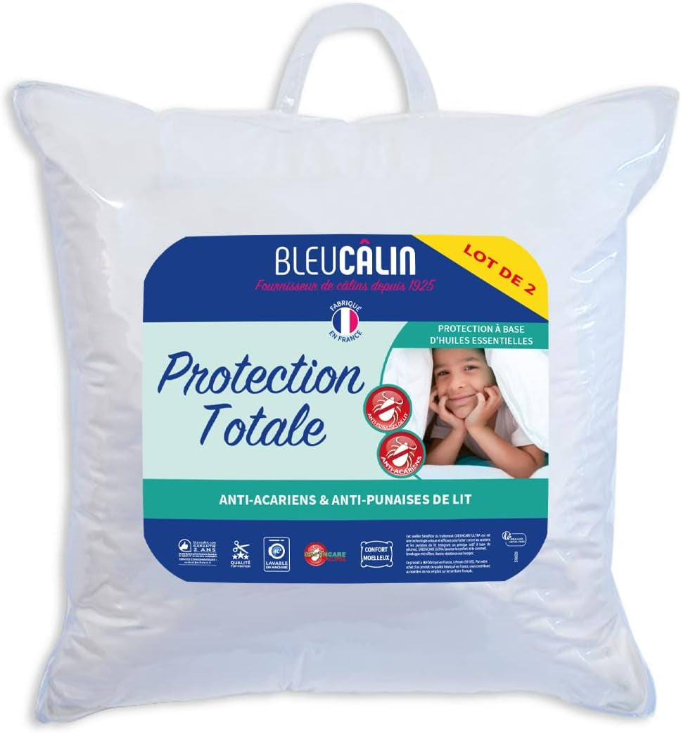 Bleu Câlin set de 2 perne anti-acarieni, anti-bug, confort pufos, 60 X 60 Cm, husă din microfibră, protecție completă, alb Perne standard Naty Shop