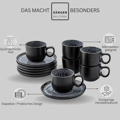 SÄNGER Sydney | Set de 12 căni de espresso din gresie, set de căni Mocha pentru 6 persoane, căni și farfurioare, potrivit pentru mașina de spălat vase și cuptorul cu microunde, gri închis, 80 ml | COLECȚIA VALUE