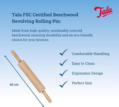 Tala Teigroller aus Buchenholz – Drehbares Nudelholz mit Griffen, glatte Oberfläche, langlebig & leicht zu reinigen – Perfekt für Teig, Gebäck, Brot & Pizza – FSC-zertifiziertes Holz