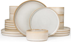 Set de veselă Star cu 18 piese, set de veselă pentru 6 persoane, set de veselă din gresie, rezistent la zgârieturi, potrivit pentru cuptorul cu microunde și mașina de spălat vase, alb cappuccino