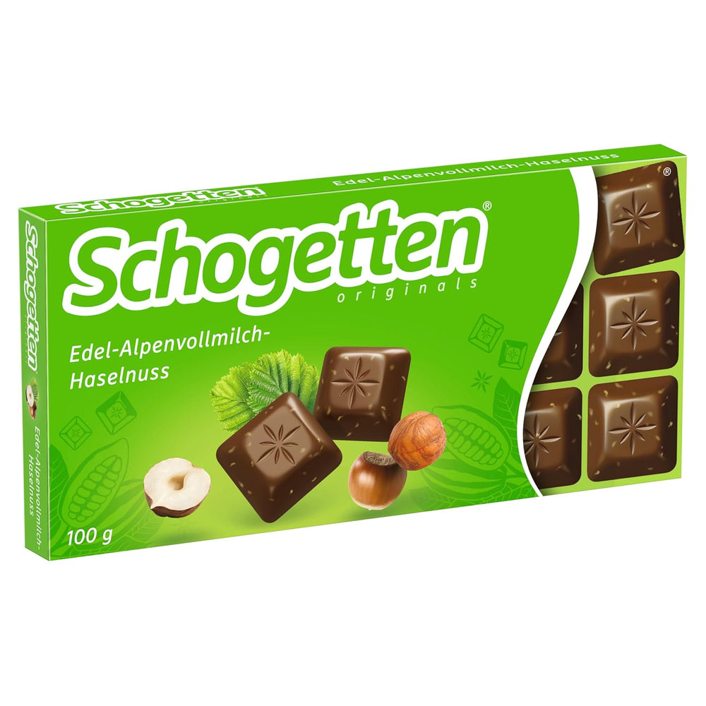 Schogetten Premium Alpenmilch Schokolade mit Haselnüssen, 100g Tafelschokolade, einzeln portioniert. Eine Freude. Stück für Stück.