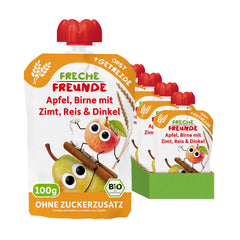 FRECHE FREUNDE Bio-Fruchtbeutel zum Quetschen, Apfel, Zimt, Birne, Reis, Dinkel, Fruchtpüree mit Müsli, für Babys ab 6 Monaten, vegan, 6er-Pack (6 x 100 g)