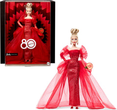 Păpușa Barbie Signature, figurină de colecție Mattel aniversară de 80 de ani, într-o rochie strălucitoare din tul roșu, cu cercei în formă de lacrimă și mănuși delicate, păr blond, JBJ17