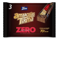 Napolitane cu ciocolată neagră Tirma 70% cacao | Fără zahăr adăugat | Potrivite pentru dietele keto | Conținut scăzut de carbohidrați | Pentru diabetici | Pachet multiplu de napolitane cu ciocolată | 3 bucăți | 64,5 g