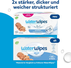 WaterWipes Sensitive+ Feuchttücher für Neugeborene und Babys, 540 Stück (9 Packungen), 3-in-1 Reinigung, Pflege, Schutz, 99,9 % Wasser, parfümfrei