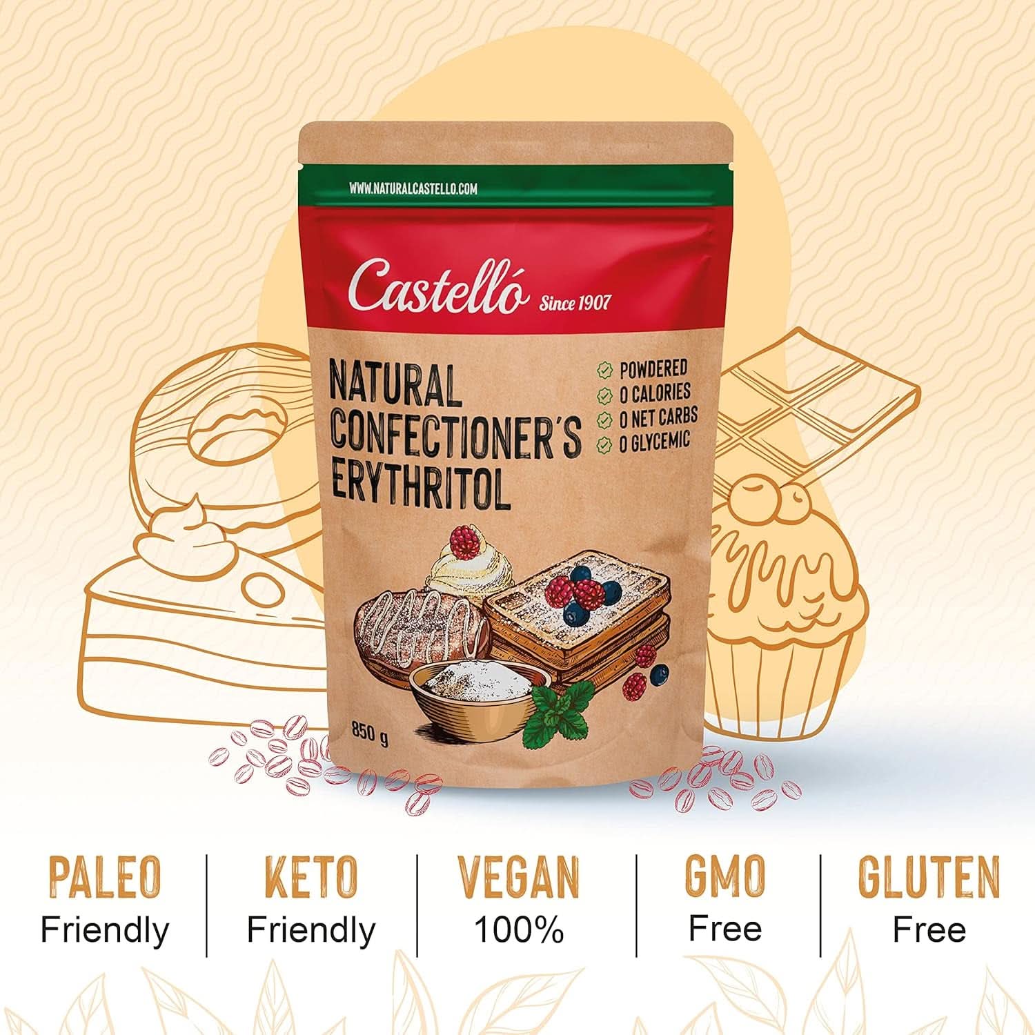 Eritritol natural - Zahăr de glazură | 10G = 7G zahăr, 850 grame Indulcitori Naty Shop