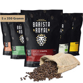 Set Degustare Cafea Boabe Întregi 5 x 350g | Pachet Descoperire Boabe de Cafea în Set Cadou | Arabica | Comerț Echitabil | Vegan | Ideal pentru Espressoare Automate, Espressoare cu Filtru, Espressoare Pour-Over și Prese Franceze | BARISTA ROYAL