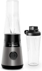 Bosch Mini-Standmixer Vitapower Serie 2 MMB2111S, Highspeed-Mixer, Bis Zu 40.000 U/min, Tritan Togo-Flasche 0,6 L, Trinkdeckel, Bruchsicher, Spülmasch.Geeignete Teile, 450W, Silber/Schwarz Kitchen Naty Shop Single Schwarz