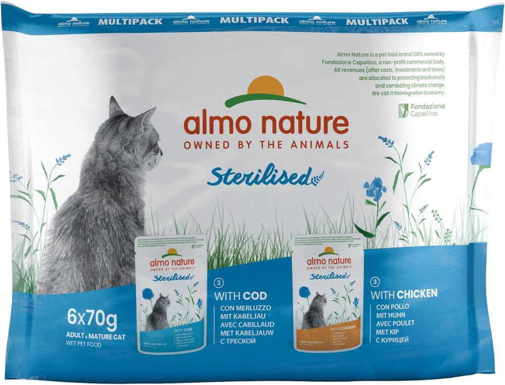 Almo Nature Functional - Sterilizat - Hrană umedă pentru pisici adulte și senior, sterilizate sau mai puțin active - cu cod și pui - Conținut scăzut de grăsimi, hidratantă - 70g (pachet de 6)