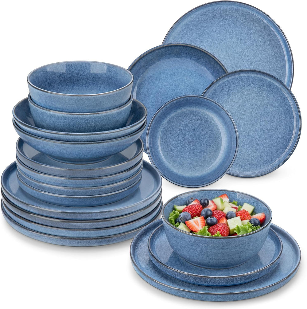 Steingut Geschirrset 6 Personen, vancasso ANYA Blau Teller Set Modern 24 teilig,Tafelservice mit Speiseteller, Suppenteller, Desserttellern, Schüsseln, Geschirr Set Spülmaschinen und Mikrowellenfest