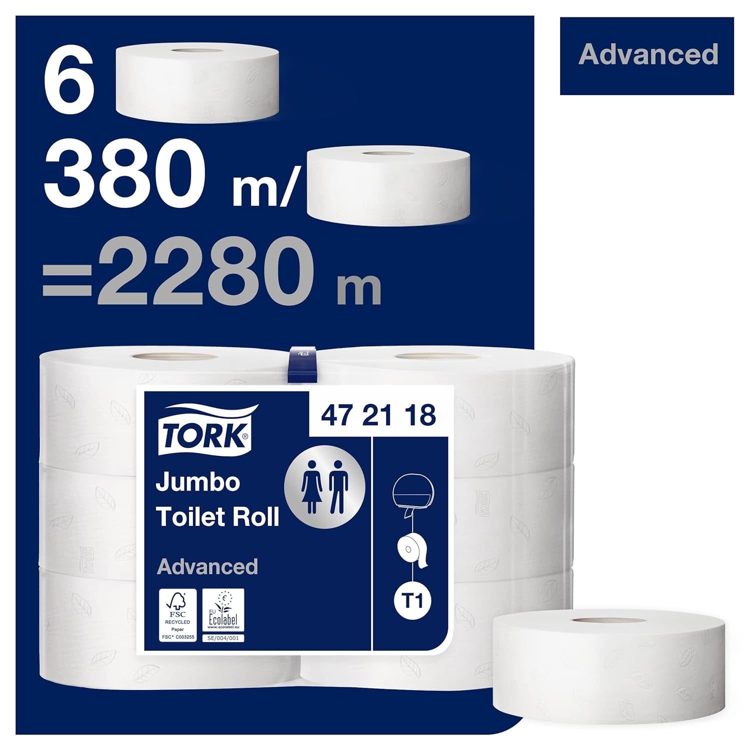 Hârtie igienică Tork Jumbo White T1, Advanced, 2 straturi, 6 × 380 M, 472118