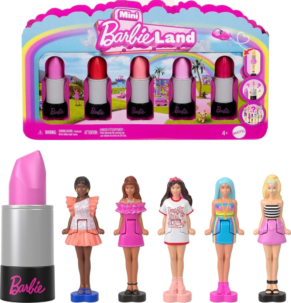 Barbie Mini Barbieland Set mit 5 Fashionistas-Puppen, ca. 3,8 cm große Mini-Puppen in Lippenstifthüllen, Überraschungskollektionsset (Stile können variieren), JBD26 Naty Shop-Puppen, 1 Packung