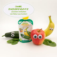 FRECHE FREUNDE Bio-Quetsch-Früchtebeutel mit Äpfeln, Bananen, Spinat und Gurke, püriertes Obst und Gemüse im Quetschbeutel für Babys ab 6 Monaten, vegan, 6er-Pack (6 x 100 g)