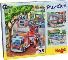 HABA Feuerwehr-Puzzle – 3-teiliges Set für Kinder ab 3 Jahren, Polizei- und Krankenwagen-Papppuzzle – Fördert Feinmotorik und Konzentration – 1302759001 Puzzle Naty Shop Standardtitel
