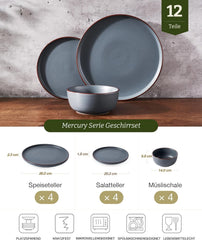 Set de veselă Mercury, set de farfurii cu 12 piese, set de veselă din gresie pentru 4 persoane cu farfurii de cină, farfurii de desert, boluri pentru cereale, potrivit pentru cuptorul cu microunde și mașina de spălat vase, gri cărbune