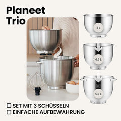 ZEEGMA PLANEET TRIO Planetenroboter, 1500 W, Multifunktionale Küchenmaschine Mit 3 Schüsseln 4 L, 4,5 L Und 5,2 L, 10 Betriebsgeschwindigkeiten, Mixer Mit Haken, Schneebesen (Schwarz) Mama si Copilul Naty Shop