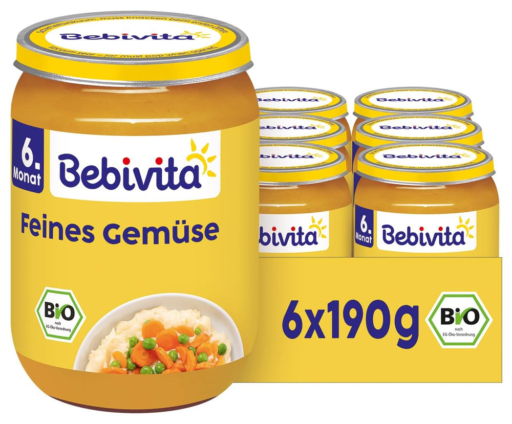 Legume fine organice (6 x 190g), de la 6 luni, fără sare adăugată, borcanul ideal de legume pentru începerea hrănirii complementare