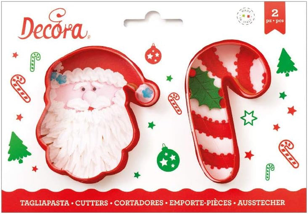 0255068 Formă de biscuiți din plastic cu Moș Crăciun și trestie de zahăr, 2 bucăți, asortate