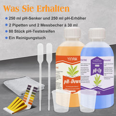 pH-Regulator für Hydrokultur, pH-Up- und pH-Down-Flüssigkeit, pH-Regulatorflüssigkeit zur Senkung oder Erhöhung des pH-Wertes, Premium-Puffer 250 ml, geeignet für alle Hydrokultursysteme (Erde und Wasser)