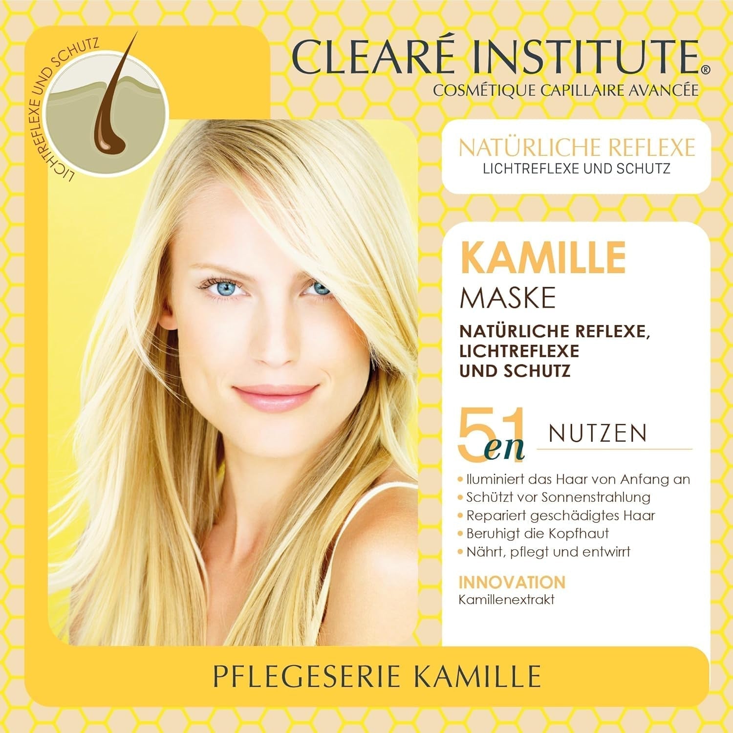 Clearé Institute | Mască cu mușețel | Hrănește, condiționează și descurcă | Strălucire și strălucire aurie | 97% ingrediente naturale | Calmează scalpul | Cu extract de mușețel |150 ml Masca de par Naty Shop