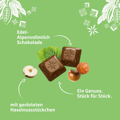 Schogetten Premium Alpenmilch Schokolade mit Haselnüssen, 100g Tafelschokolade, einzeln portioniert. Eine Freude. Stück für Stück.