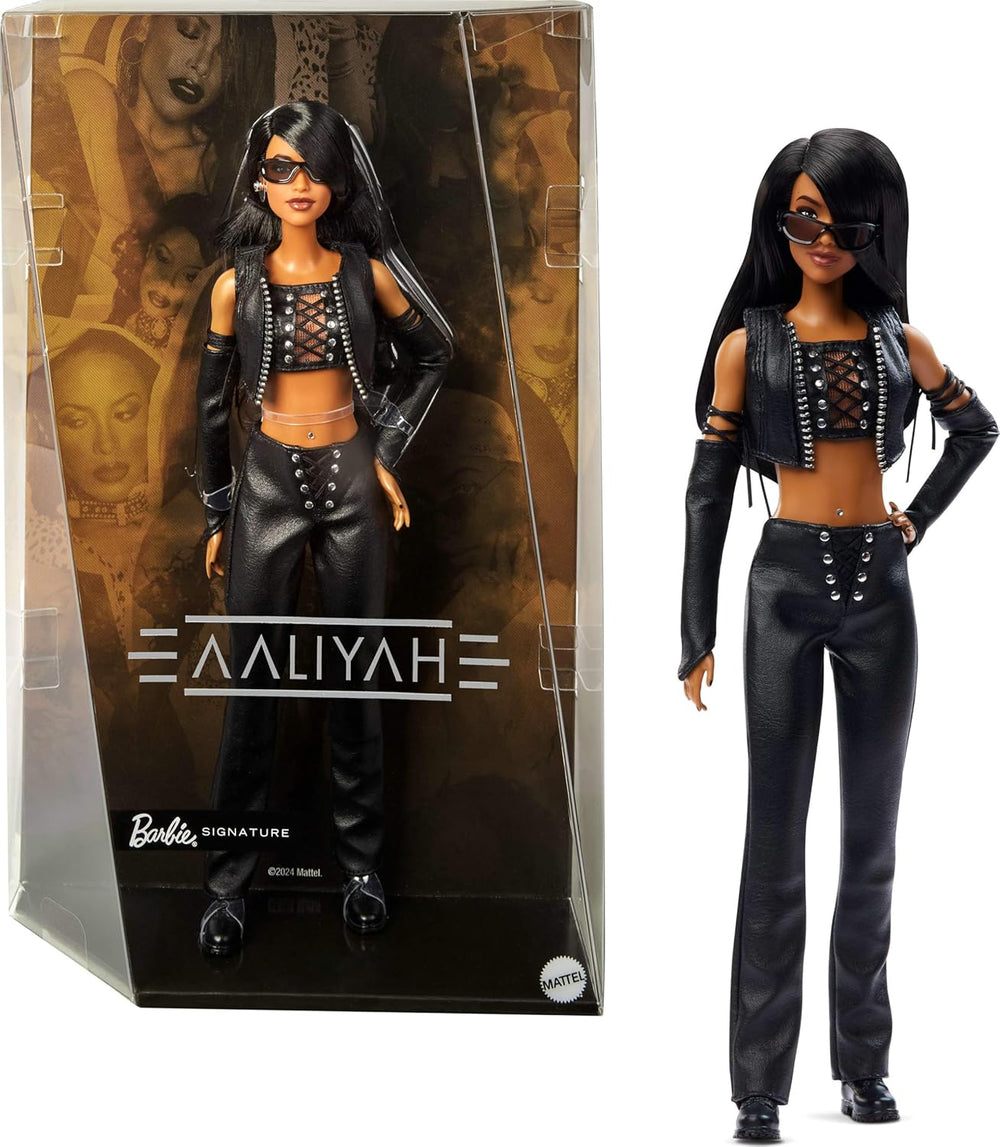 Păpușa Barbie Signature, figurină de colecție Aaliyah în ținută neagră din piele ecologică, inspirată de videoclipul muzical pentru One in a Million, HRM80