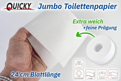 Hârtie igienică Quicky Jumbo 2 straturi, 25 cm Ø, alb strălucitor, relief cu puncte fine, 6 role - absorbantă și rezistentă la rupere pentru igienă maximă, ideală pentru instituțiile publice și industrie
