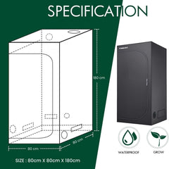 Wachstumszelt, 80 x 80 x 180 cm, Wachstumszelt mit abnehmbarer, wasserdichter Bodenwanne, ideale Größe für Hydrokulturen