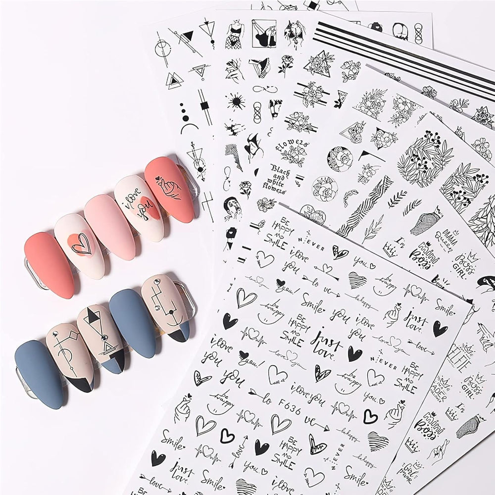 7 Blätter Nagelsticker Selbstklebend Nagelsticker Blumen Abstrakt 3D Schwarz Nagelaufkleber Nageldesign Herzform Wörter Pflanzen Nagel Sticker DIY Nail Art Zubehör Maniküre Dekoration