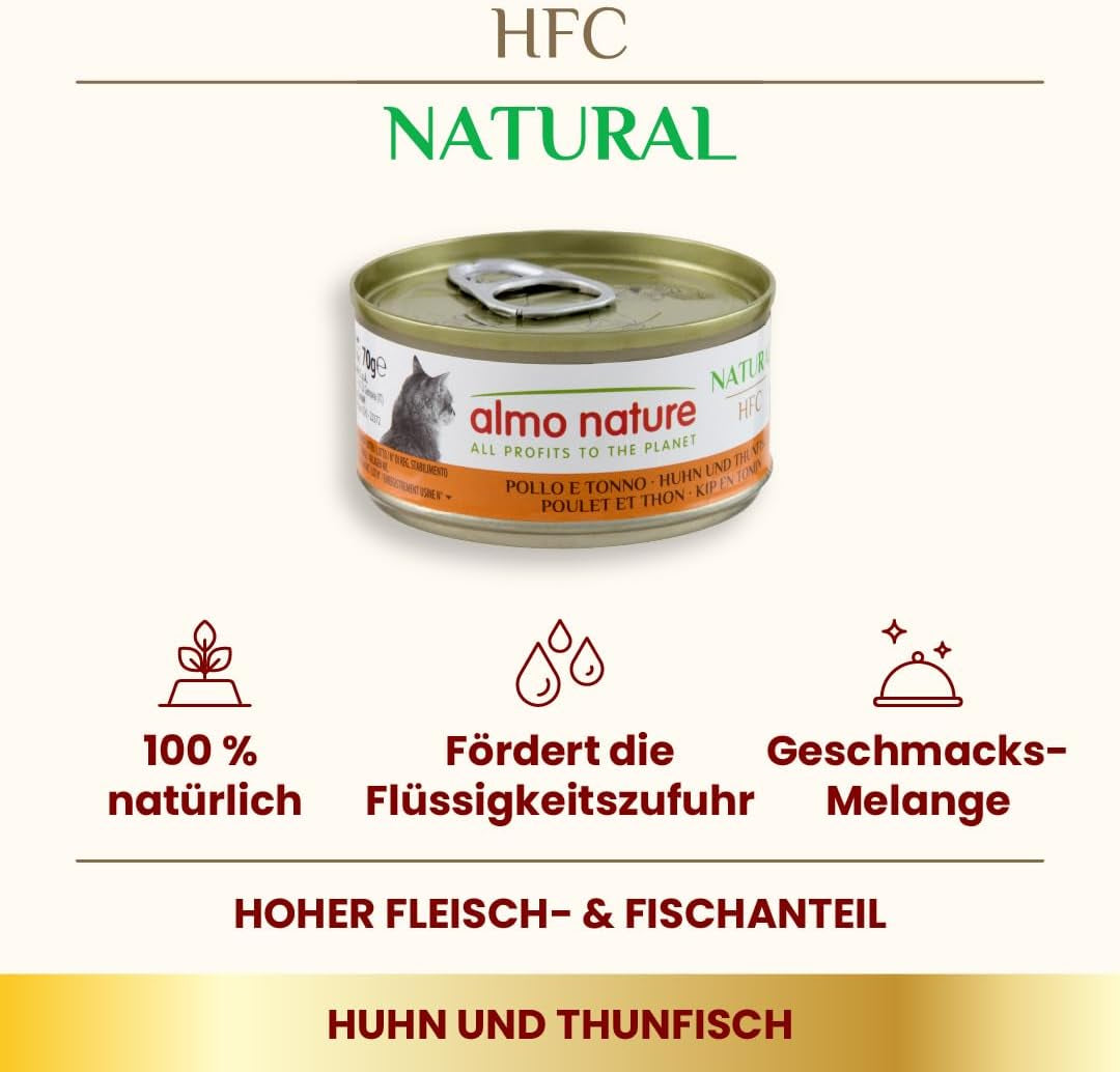 Almo Nature HFC Natural - Hrană umedă pentru pisici adulte - pui și ton - grad uman, fără gluten - 6 X 70G